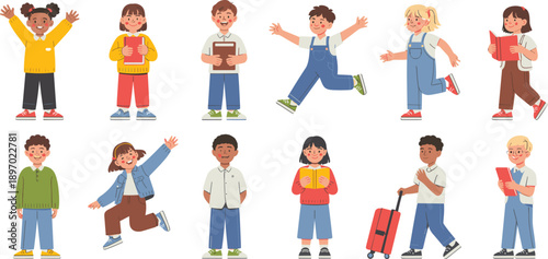 Diverse group of cheerful children in various poses reading jumping walking with suitcase happy active kids illustration for education learning childhood development school project back to school conc
