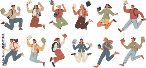 Diverse group of joyful college students jumping with books celebrating academic success and graduation in cheerful campus environment for university education promotional materials and back to school