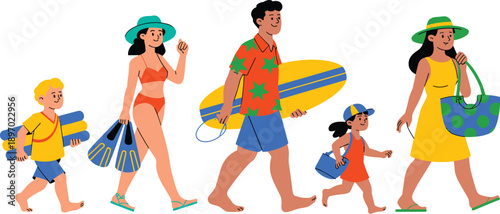 Happy family walking to sandy beach summer vacation holiday with surfboard flippers and beach bag ready for swimming and relaxation travel tourism lifestyle concept for advertising marketing and socia