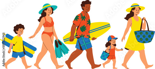 Happy diverse family walking to beach vacation with surfboard and summer accessories together enjoying holiday lifestyle cheerful parent and kids relationship for travel advertising and tourism indust