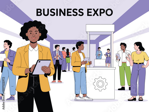 Diverse business professionals attending business expo trade show networking event interacting with exhibitors and colleagues modern illustration for corporate presentation marketing conference techno