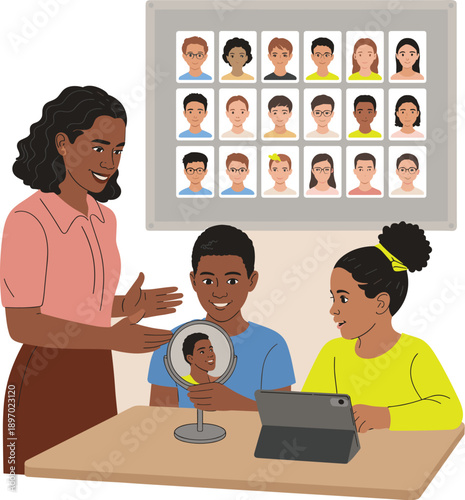 Diverse students learning with teacher in classroom illustration using tablet and mirror for identity exploration and self awareness lesson promoting education and social learning in modern school set