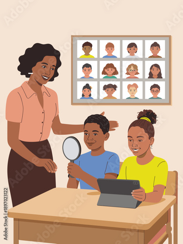 Enthusiastic African American Teacher Assisting Students with Online Learning on Tablet Device in Classroom with Virtual Classmates Video Conference Call for Education Technology and Diverse Student B
