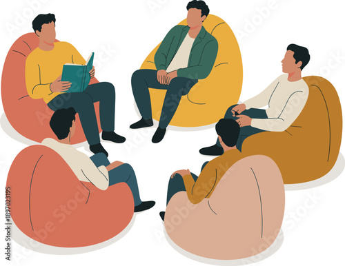 Diverse group of people sitting in circle on beanbag chairs having discussion at casual business meeting modern team collaboration for creative brainstorming session employee engagement and communicat