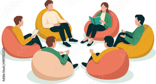 Diverse team members collaborating in circle on colorful bean bag chairs in modern office for creative brainstorming session teamwork and problem solving agile business meeting presentation corporate