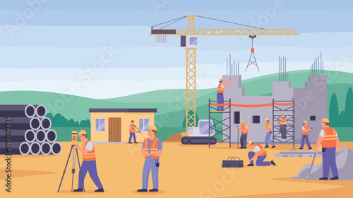 Construction workers building concrete house with crane and equipment construction site engineers working on structure new building project architecture industry teamwork concept for real estate devel