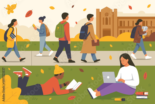 Diverse college students walking on campus in autumn fall season studying reading books and using laptop computer for online education university learning student life illustration for school marketin