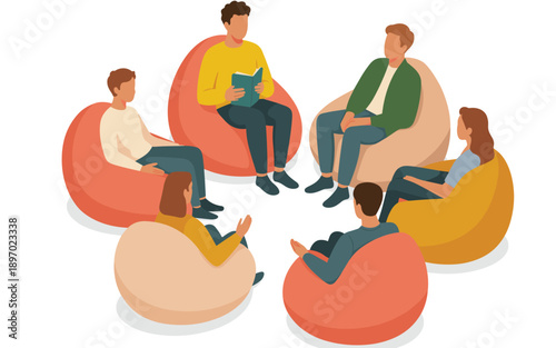 Diverse group of people sitting in circle on bean bag chairs in casual meeting reading book discussing ideas collaboration teamwork in modern office space for creative team brainstorming session corpo