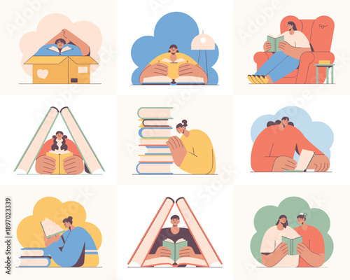Diverse people reading books illustrations collection set learning knowledge and education in various situations studying literature for examination preparation personal enrichment and leisure time ac