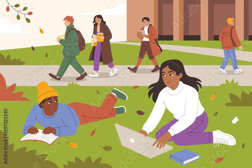 Diverse students studying and walking on college campus lawn using laptop and books for education learning in university environment with autumn leaves for student life and higher education marketing