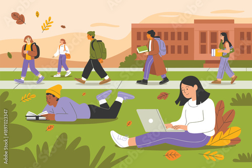 Diverse college students walking studying on campus lawn with autumn leaves young people enjoying university life education learning environment for student recruitment marketing materials and higher