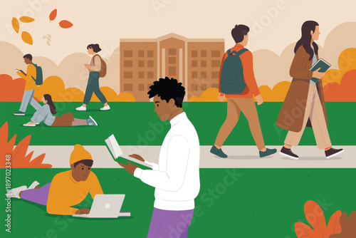 Diverse college students studying and walking outdoors on campus lawn with university building in background young people using laptops and books education learning knowledge for school advertising an