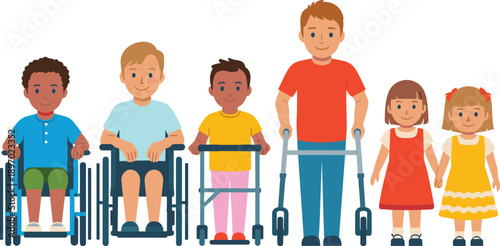 Diverse group of cartoon children with disabilities in wheelchairs and walker standing together smiling vector illustration for inclusive education programs disability awareness campaigns and special