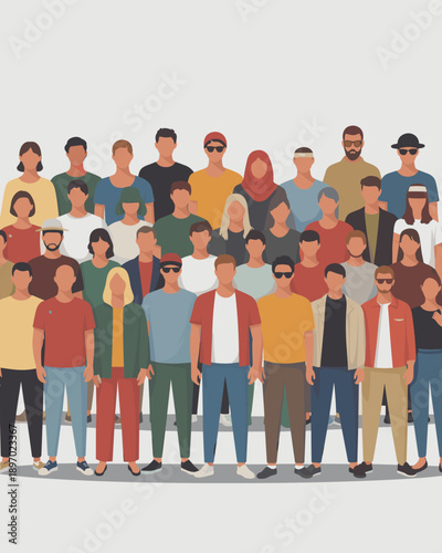 Diverse group of people standing together in unity and solidarity demonstrating a diverse range of ages genders and ethnicities in a flat vector art style for social change campaigns and corporate div