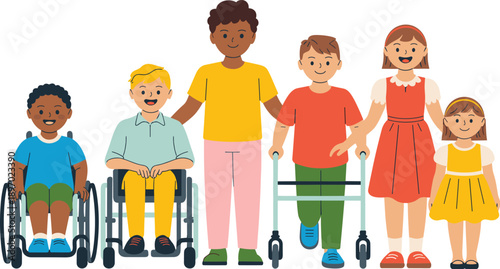 Diverse group of happy children with disabilities illustration standing together smiling support inclusivity concept accessible education for all kids with special needs learning and playing in inclus