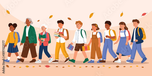 Diverse group of students walking to school with backpacks books in autumn season colorful illustration for education back to school concepts community learning student lifestyle graphic design for we