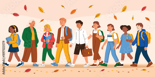 Diverse group of students walking to school with teacher in autumn season education illustration for back to school learning concept happy children with backpacks and books on way to class for website
