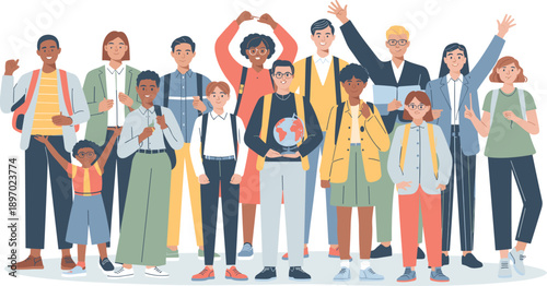 Diverse group of cheerful students standing together in support of education and learning demonstrating unity and togetherness in a school or educational setting promoting diversity and inclusion for