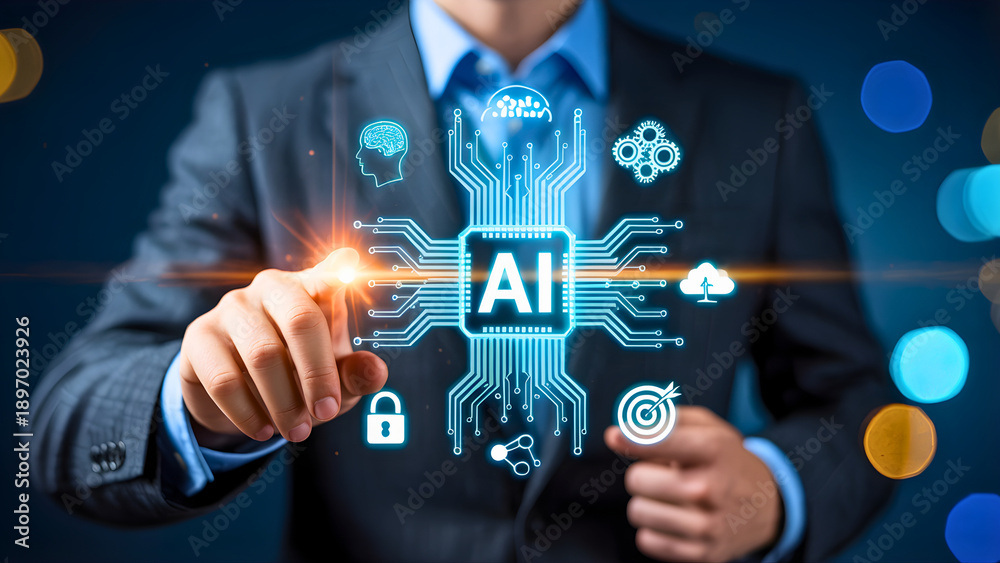Fototapeta premium Businessman Activating Artificial Intelligence Circuit Board in a Futuristic Digital Environment