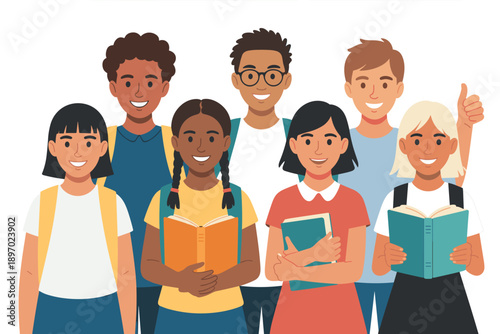 Diverse group of students reading books together in classroom setting illustration happy multiracial schoolchildren with textbooks for back to school education learning knowledge study success concept
