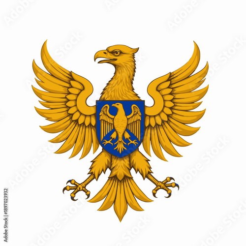 Illustration of a majestic golden eagle with outstretched wings, featuring a blue shield emblem displayed prominently on its chest against a simple white backdrop