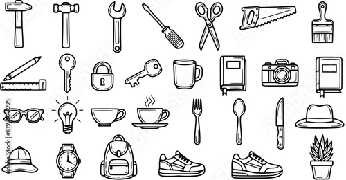 Black and White Line Art Everyday Objects Icon Set: Tools, Household Items, Stationery, Travel, and Personal Accessories Doodle Collection