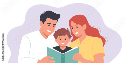 Happy family reading book together parent child bonding time cheerful illustration mother father and son enjoying storytime for early childhood education learning development happy lifestyle concept d