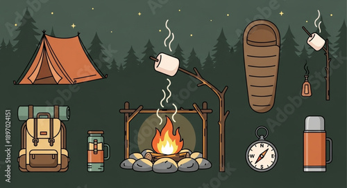 Camping equipment and campfire illustration in forest setting.