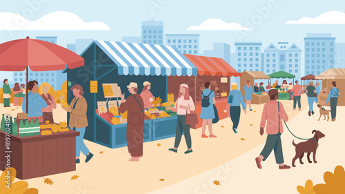 Vibrant outdoor farmers market scene with diverse people shopping for fresh produce and local goods in city park illustration for community events sustainable lifestyle advertising healthy food choice