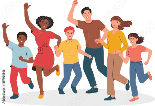 Diverse group of happy people running together celebrating success and achievement in casual wear cheerful excited multiethnic team illustration for community outreach programs educational campaigns a