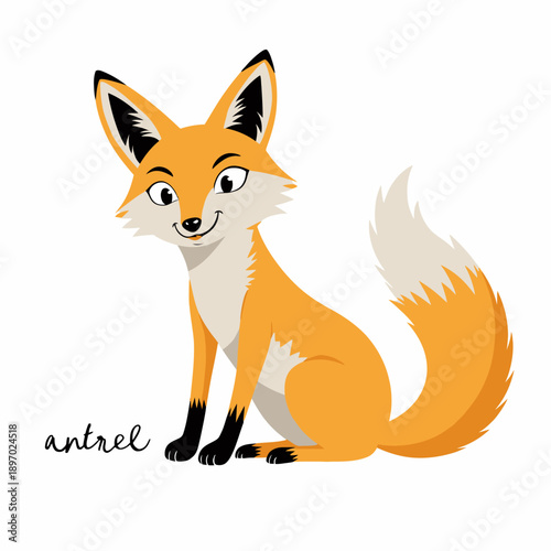 Playful cartoon fox illustration with a charming smile, vibrant orange fur, fluffy tail and expressive eyes, perfect for children's book or educational material