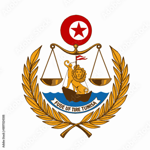 Illustration of a Fictional Coat of Arms Featuring a Lion on a Boat with Scales of Justice and a Red Star Emblem Surrounded by Golden Olive Branches