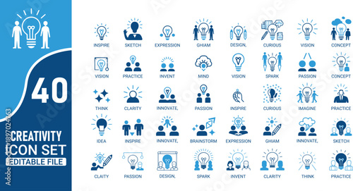 A collection of 40 blue creativity icon set illustrations depicting ideas and innovation