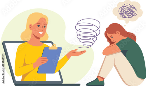 Online therapy session with female psychologist offering support for depression anxiety woman sitting alone feeling sad mental health care consultation for emotional wellness counseling session in mod