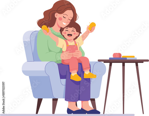 Happy mother embracing joyful child playing with toy on armchair in living room loving parent and kid having fun together family bonding moment relationship parenthood illustration for childhood lifes
