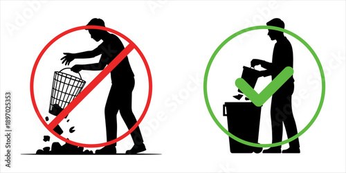 Garbage disposal Concept : It is not right to throw Garbage anywhere .It is right to throw garbage in the dustbin, Silhouette Illustration