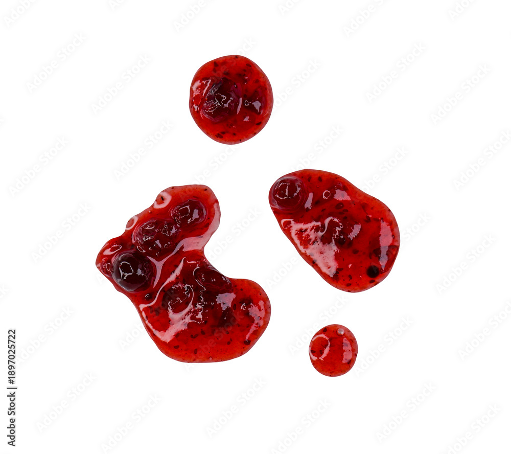Naklejka premium Drops and stains of liquid red berry jam or sauce isolated on transparent background, top view, PNG.