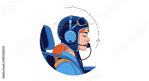 Focused Female Pilot Illustration. Woman Aviator in Helmet and Headset Concentrating on Flight. Preparation and success concept.