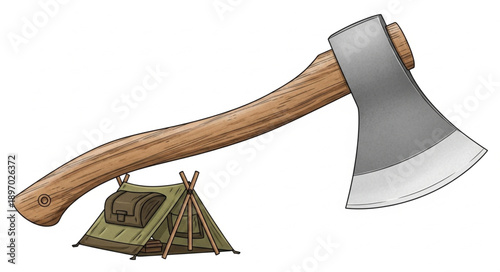 Camping Gear Axe and Tent Illustration.
