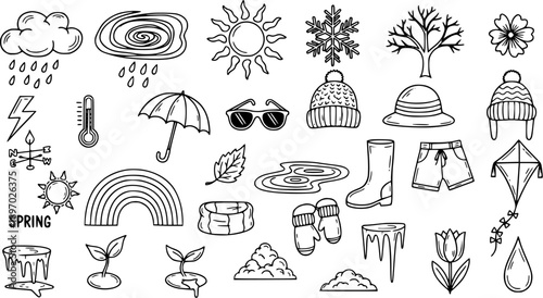 Weather and Seasons Vector Doodles: Hand-Drawn Black and White Line Art Collection of Nature, Climate, and Clothing Elements