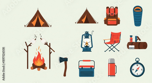 Camping Gear Collection Outdoor Adventure Equipment Icons.