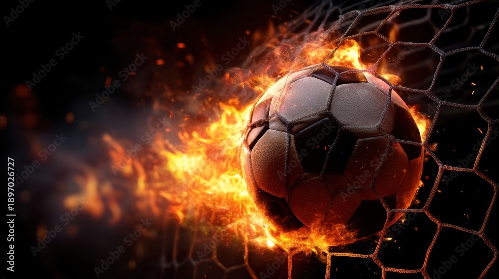 Fototapeta premium Fiery soccer ball crashing into goal net with intense flames and motion.