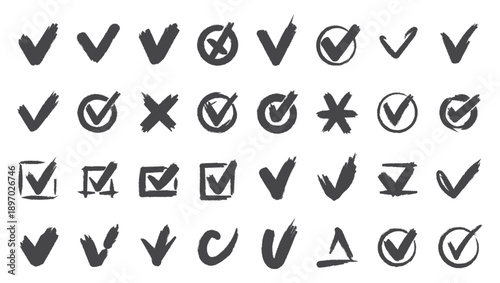 Check tick mark icon set. Cross box x check mark checkbox v list vector draw hand drawn sketch doodle brush marker checklist symbol wrong right circle. Vector Illustration