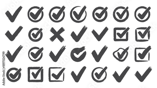 Check tick mark icon set. Cross box x check mark checkbox v list vector draw hand drawn sketch doodle brush marker checklist symbol wrong right circle. Vector Illustration