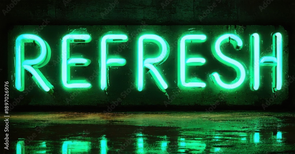 Fototapeta premium Bright neon sign spells REFRESH. Dark background creates strong contrast, reflection visible below text. Minimalist aesthetic, vibrant green glow.