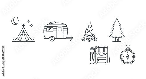 Camping Icons Set Featuring Tent Camper Fire Tree Backpack Compass.