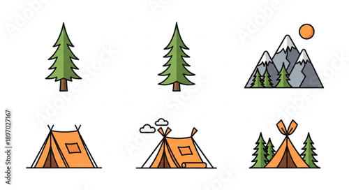 Camping Icons Set Forest Mountains Tents Trees Sun.