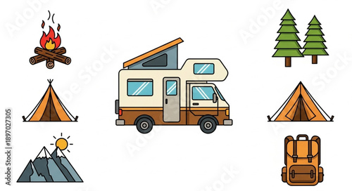 Camping Icons Set With Camper Van Tent Trees Backpack Mountains And Campfire.