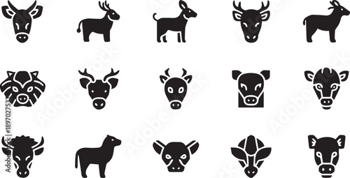 Minimalist Black Animal Head Symbols and Full Body Silhouettes for Agricultural Branding and Nature Graphic Design