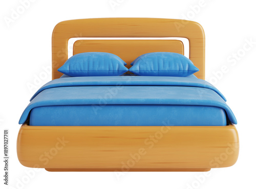 3D Model of Bed with Blue Comforter and Pillows for Bedroom Decoration